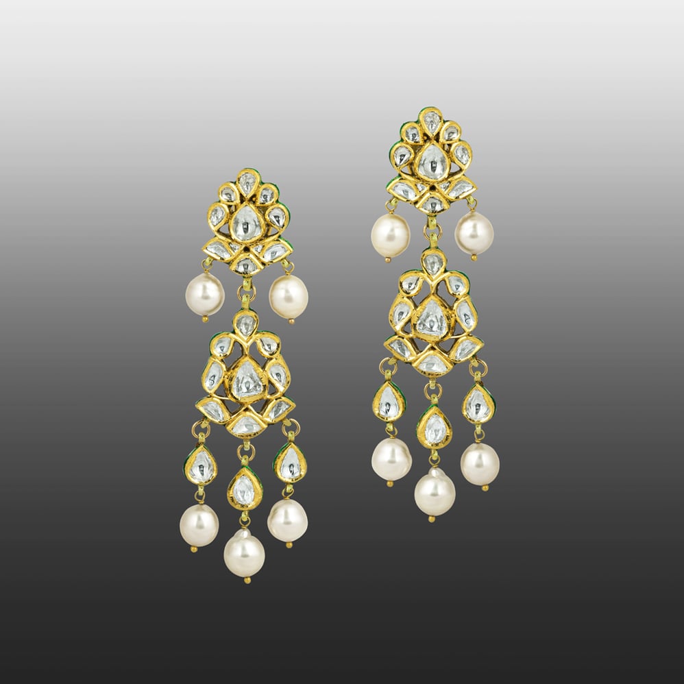 Floral Polki Earrings with Intricate Design & Pearl Drops
